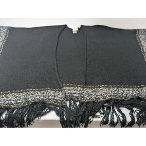 Umgee Black Fringe Knit Poncho M/L Lagenlook Boho Oversized